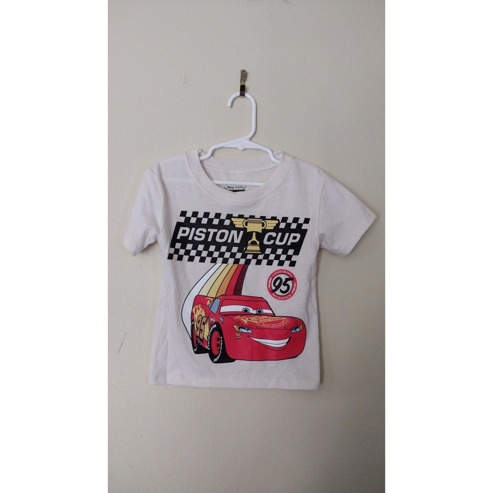Disney Pixar Cars Lightning McQueen Piston Cup Graphic Tee Cream Toddler 3T